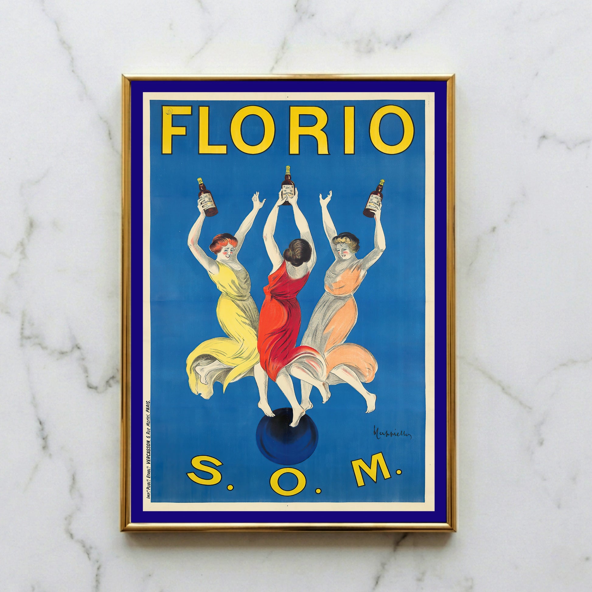Detailaufnahme der Grafik von Leonetto Cappiello für Florio S.O.M. mit markanter gelber Typografie.