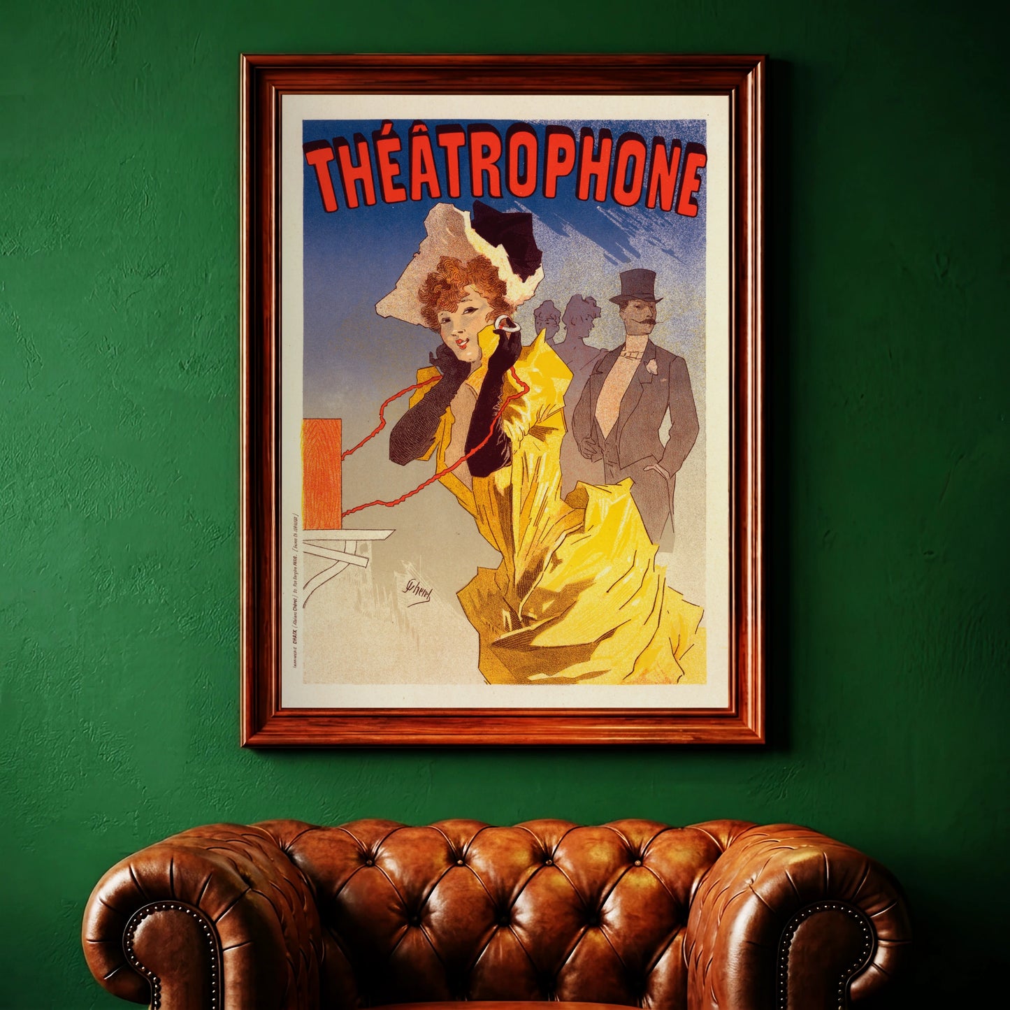Farbige Illustration einer Frau mit Telefonhörer in der Hand, Jules Chéret Stil der Belle Époque.