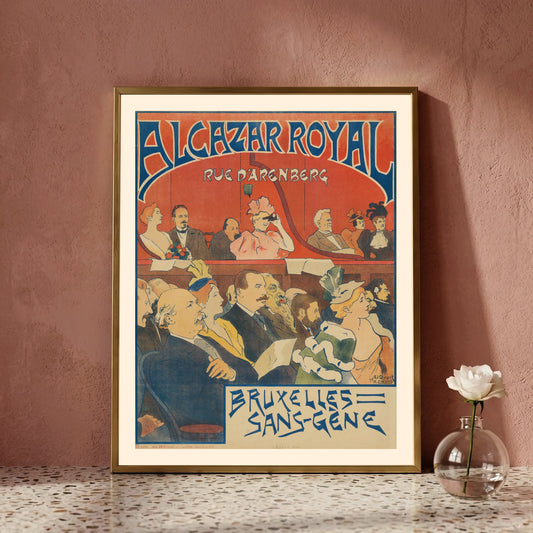Art Nouveau Poster in Blau, Rot und Beige mit Publikum im Alcazar Royal Theater.