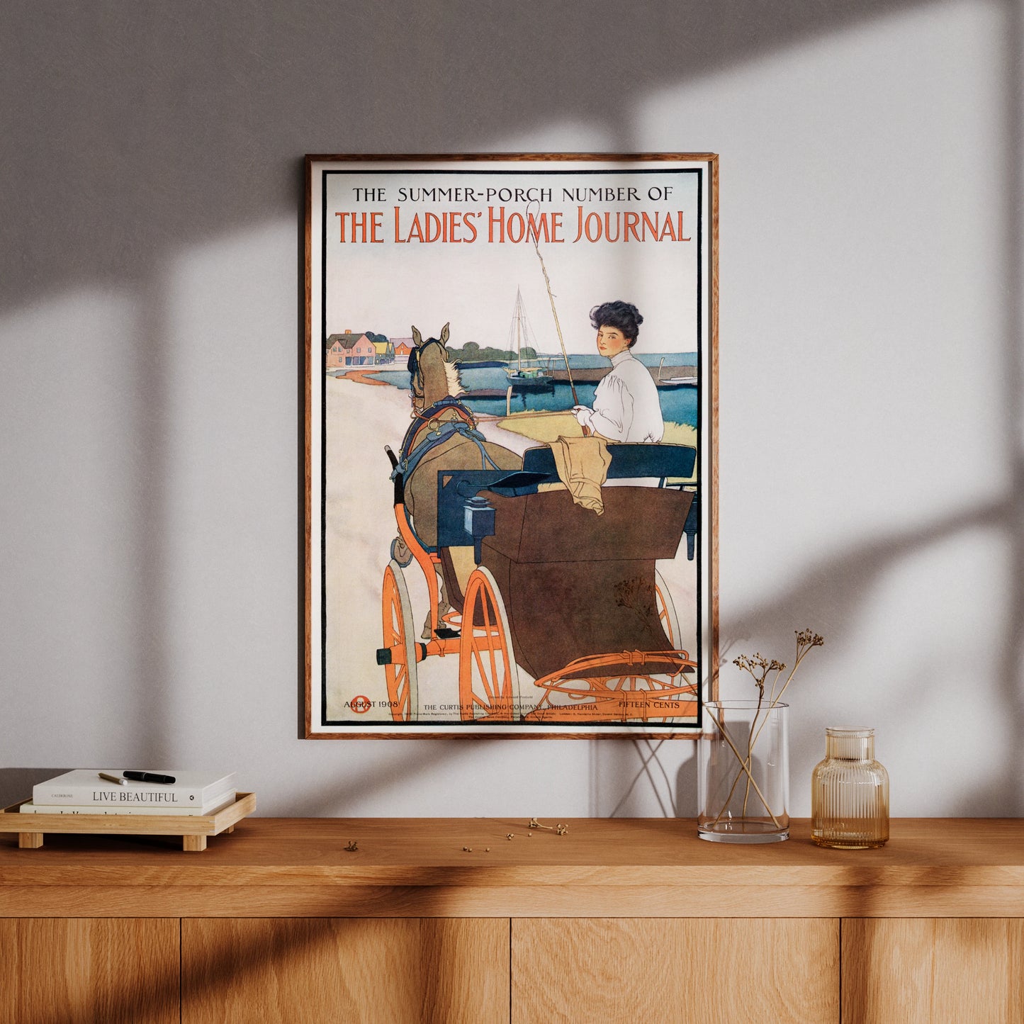 Retro Poster im Art Nouveau Stil mit sommerlicher Szenerie und Vintage Typografie.