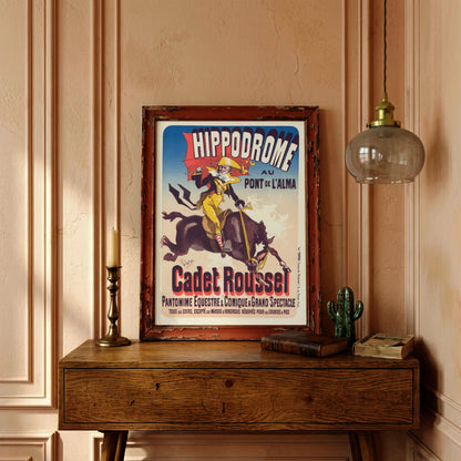 Belle Époque Kunstdruck mit einer komischen Reiterfigur und dynamischer Typografie.