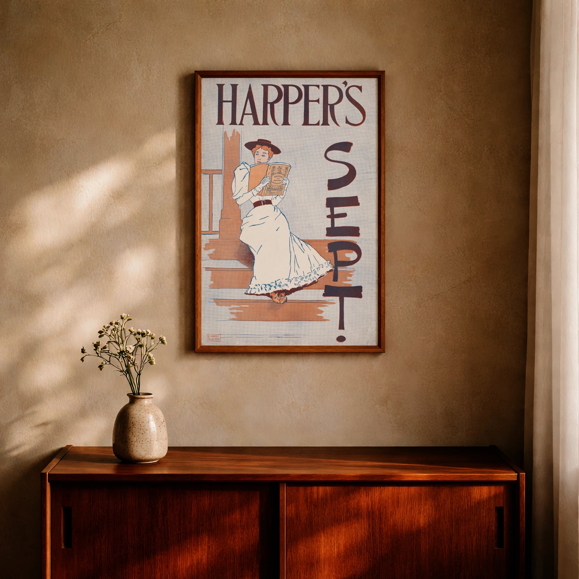 Klassisches Vintage-Werbeplakat aus dem Jahr 1893 zeigt eine elegante Frau auf Steinstufen beim Lesen.