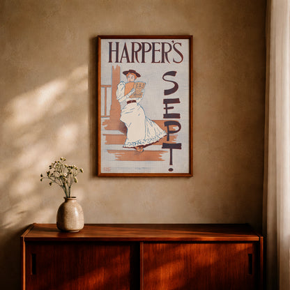 Klassisches Vintage-Werbeplakat aus dem Jahr 1893 zeigt eine elegante Frau auf Steinstufen beim Lesen.