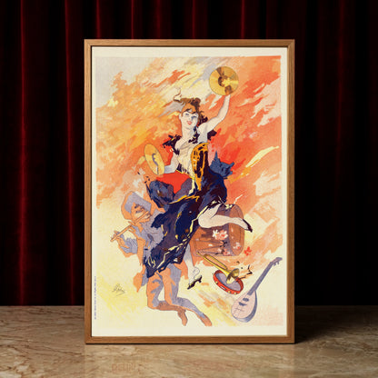 Eine tanzende Frau mit Zimbeln umgeben von Instrumenten im Stil des Art Nouveau.