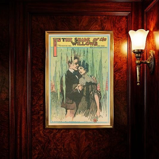 Vintage-Grafik eines Mannes und einer Frau in historischer Kleidung.