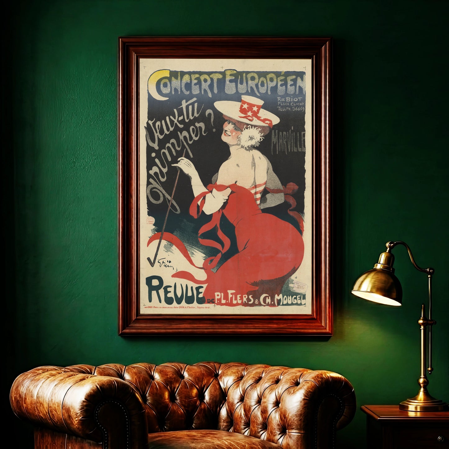 Belle Époque Kunstdruck mit dem Schriftzug Concert Européen und Veux-tu grimper.
