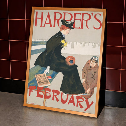 Historisches amerikanisches Werbeplakat für Harper's Monthly Magazine Februar Ausgabe.