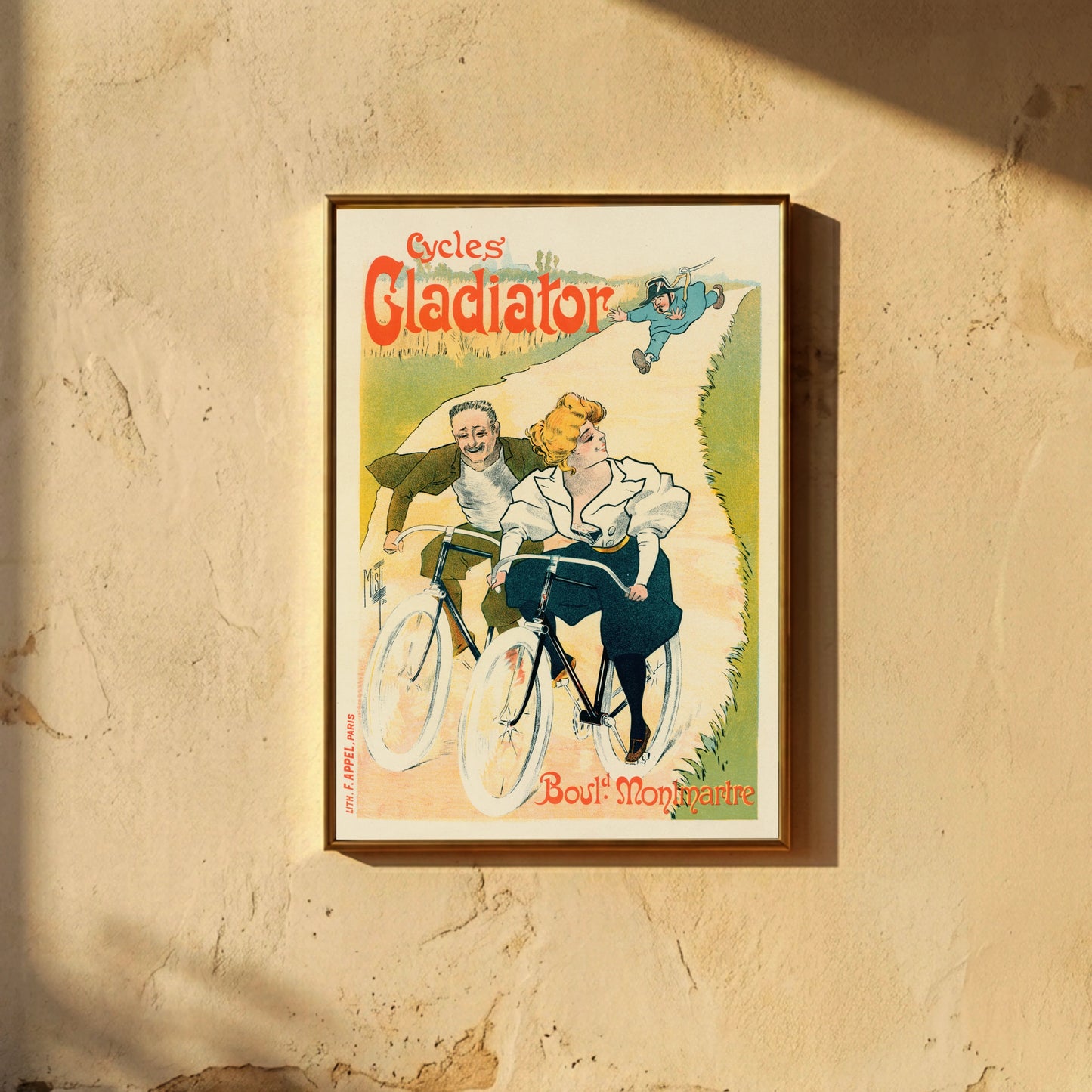 Historisches französisches Fahrradplakat mit humorvoller Verfolgungsszene.