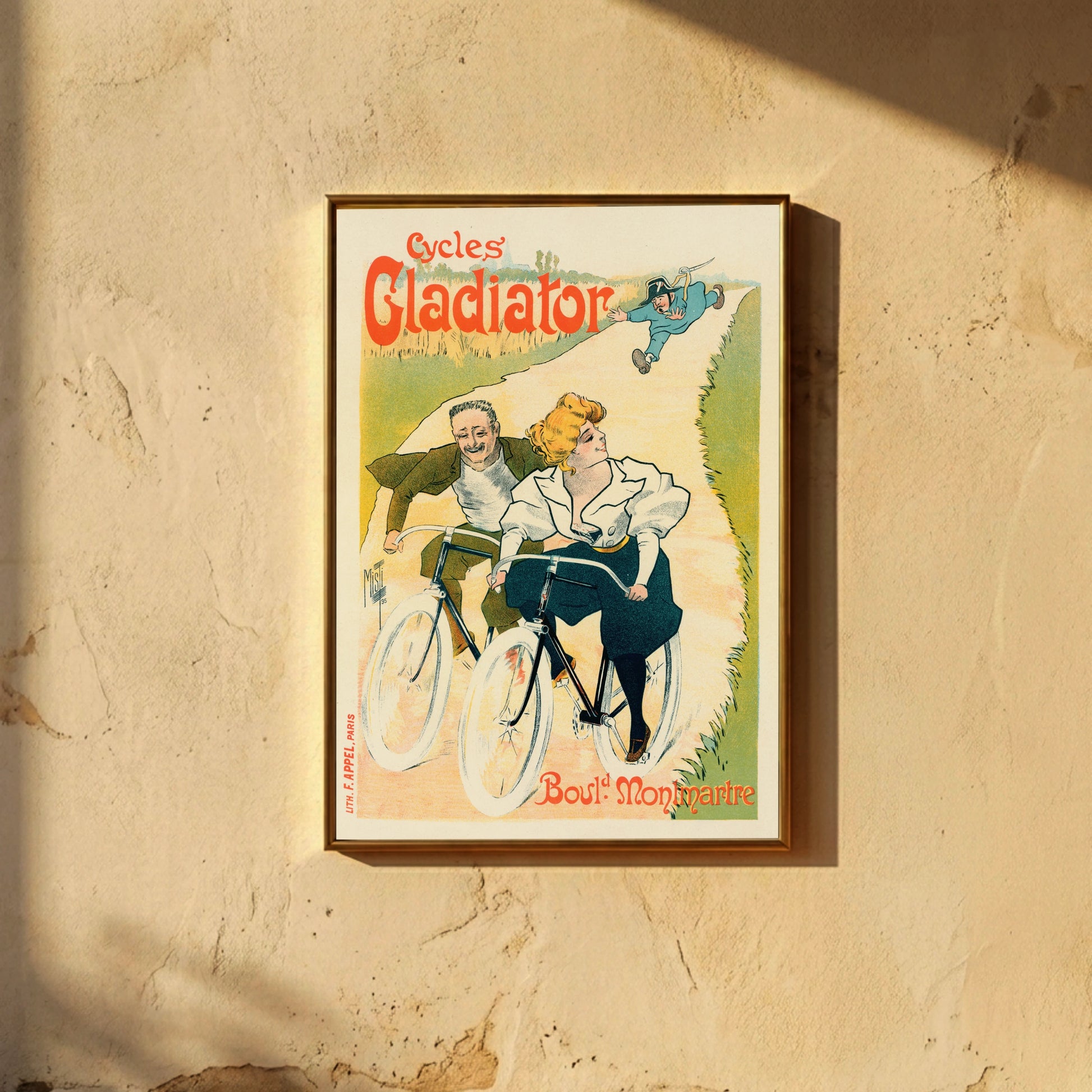 Historisches französisches Fahrradplakat mit humorvoller Verfolgungsszene.