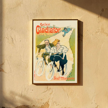 Historisches französisches Fahrradplakat mit humorvoller Verfolgungsszene.