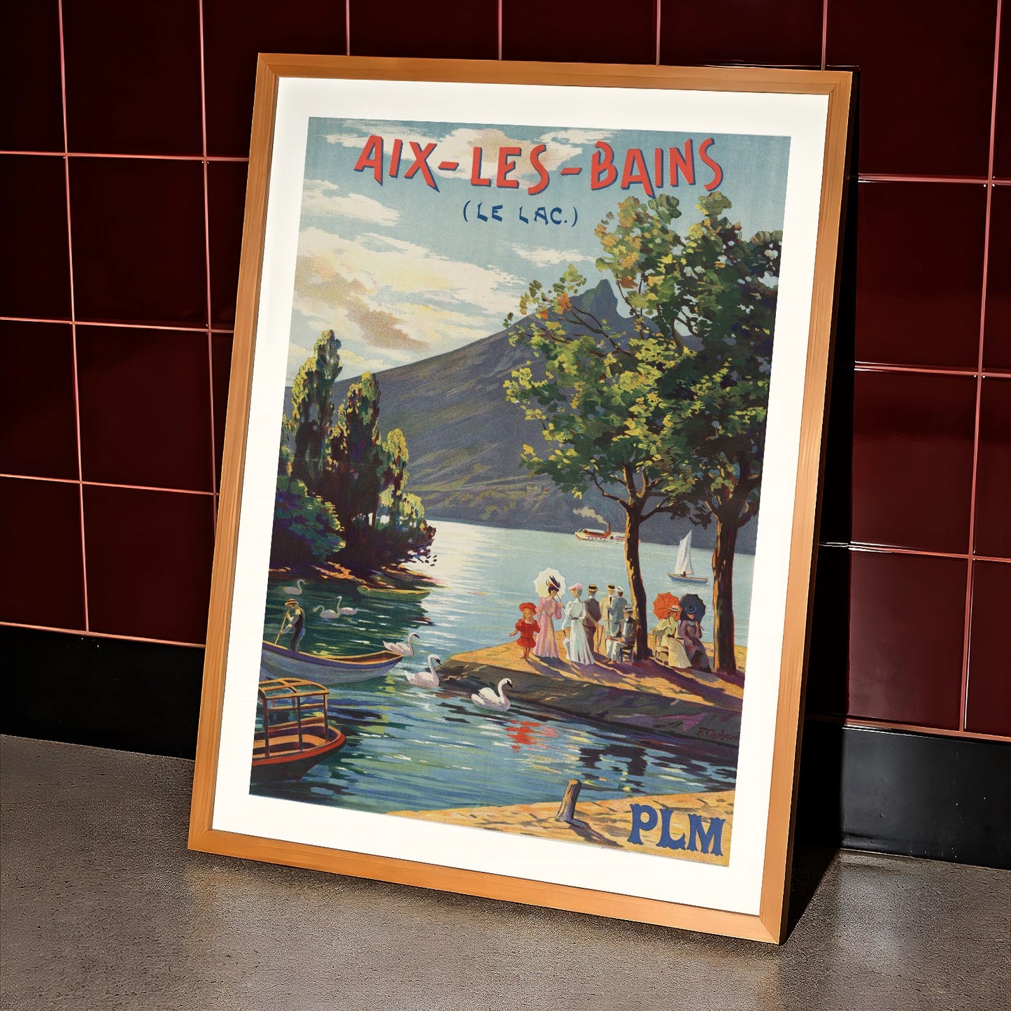 Personen in Belle Époque Kleidung unter Bäumen an einem französischen Bergsee.