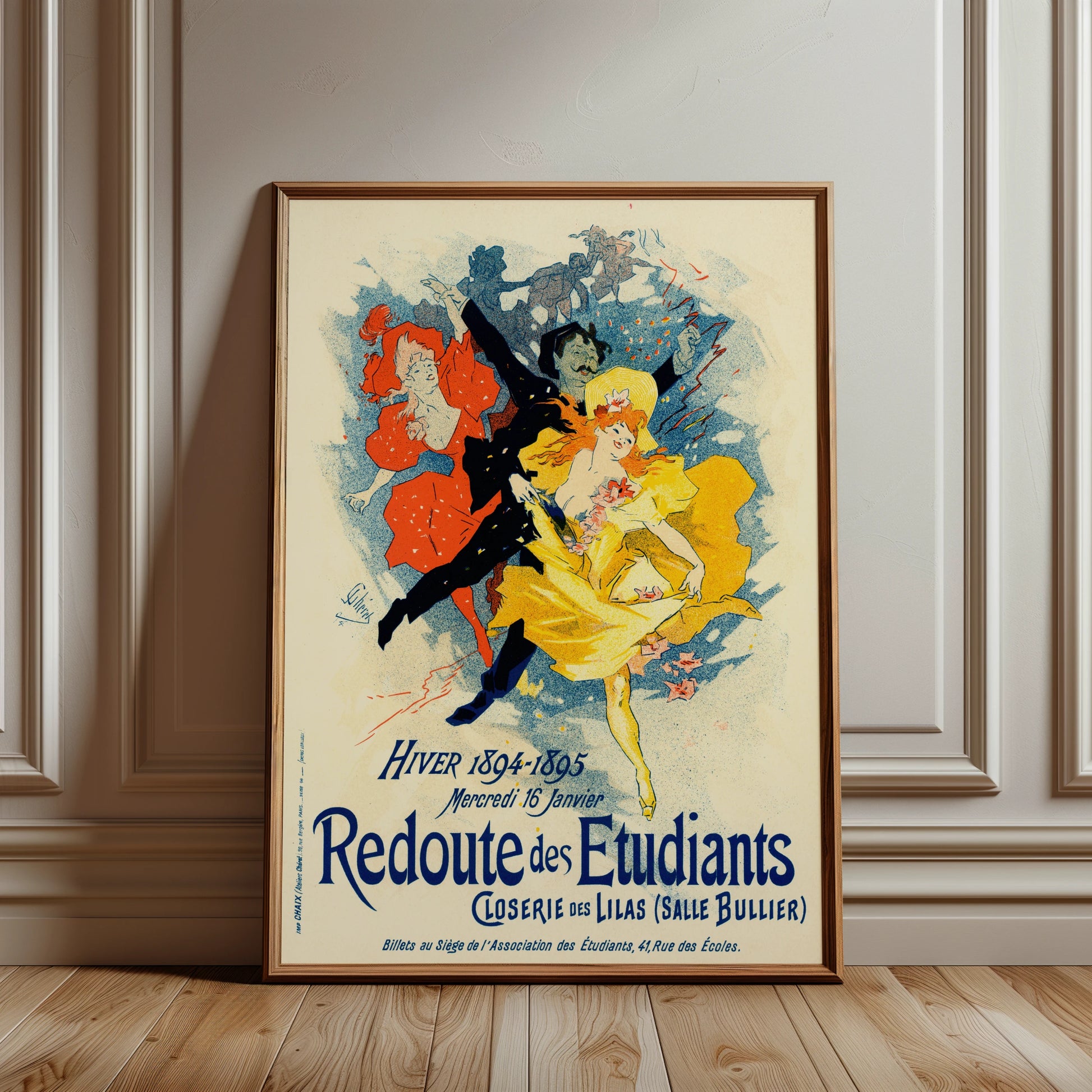 Nahaufnahme einer tanzenden Frau im gelben Kleid auf einem Jugendstil-Poster von 1897.