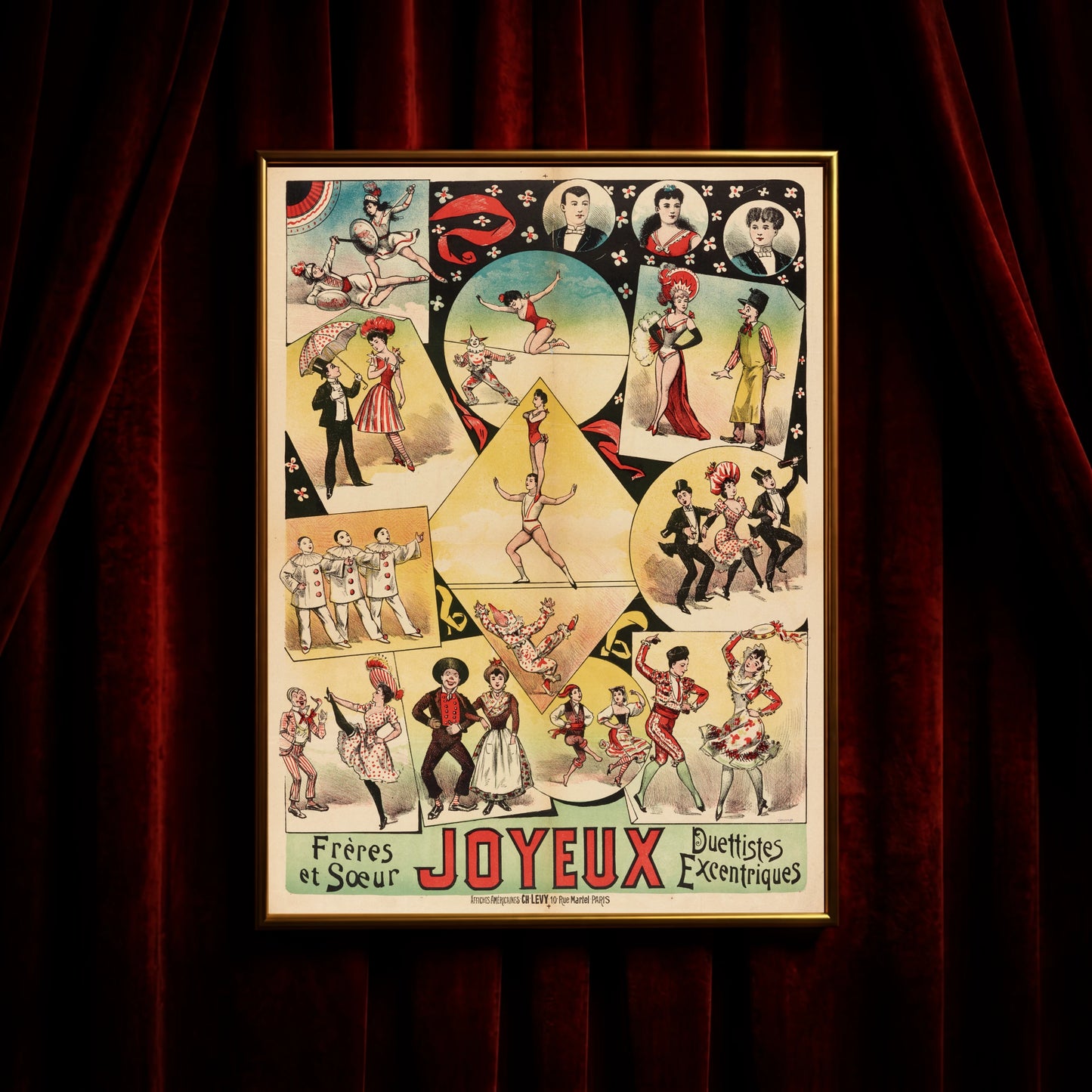 Antikes Werbeplakat für eine exzentrische Theatergruppe der Belle Époque.