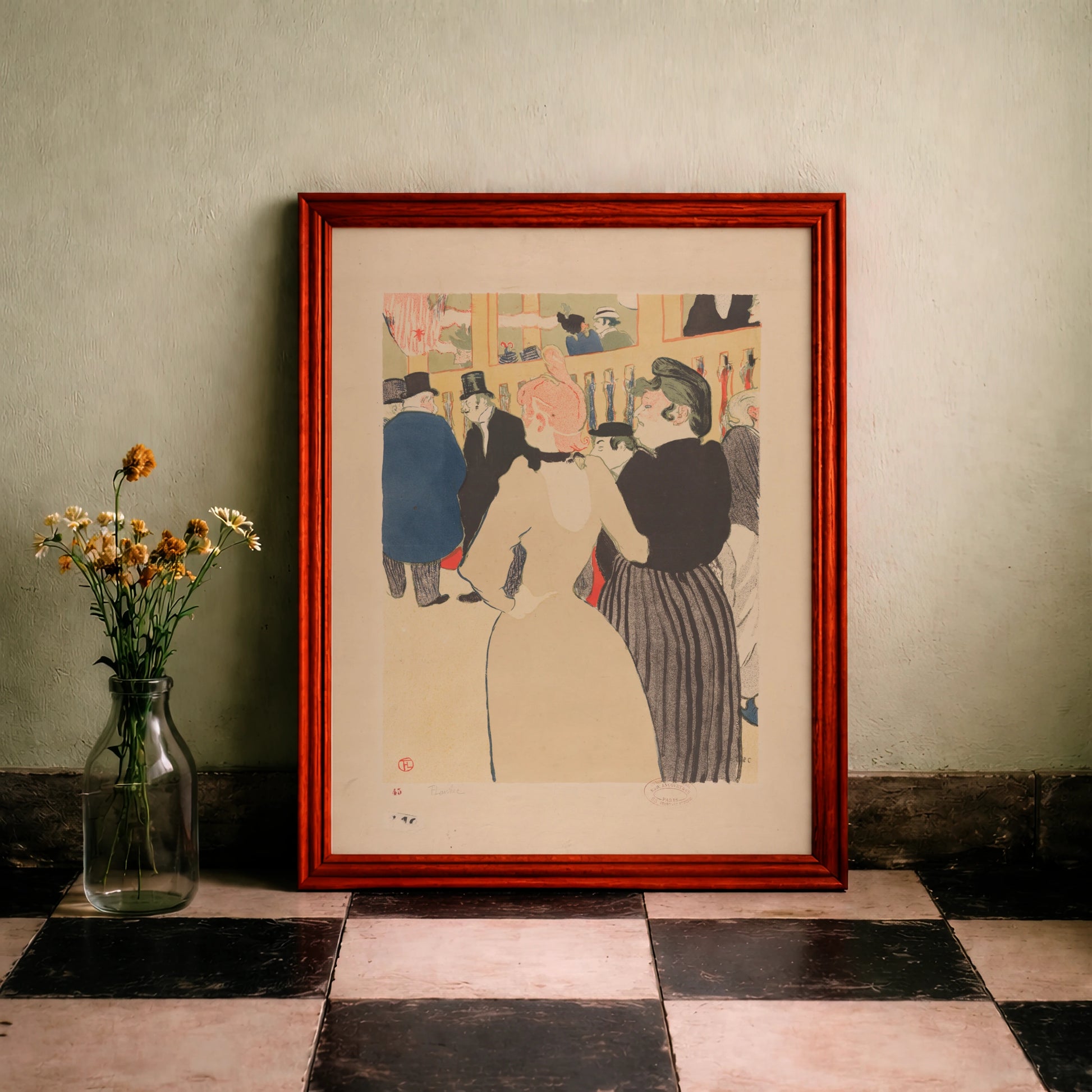 Illustration von Toulouse-Lautrec mit eleganten Kleidern und historischem Moulin Rouge Hintergrund.