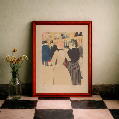 Illustration von Toulouse-Lautrec mit eleganten Kleidern und historischem Moulin Rouge Hintergrund.