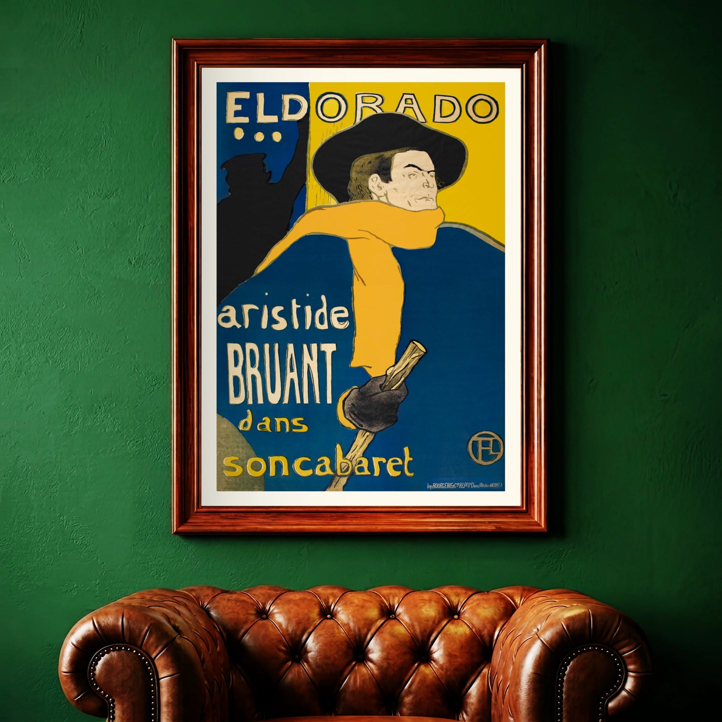 Detailansicht der Typografie und des Künstlersignums auf einem Toulouse-Lautrec Poster.