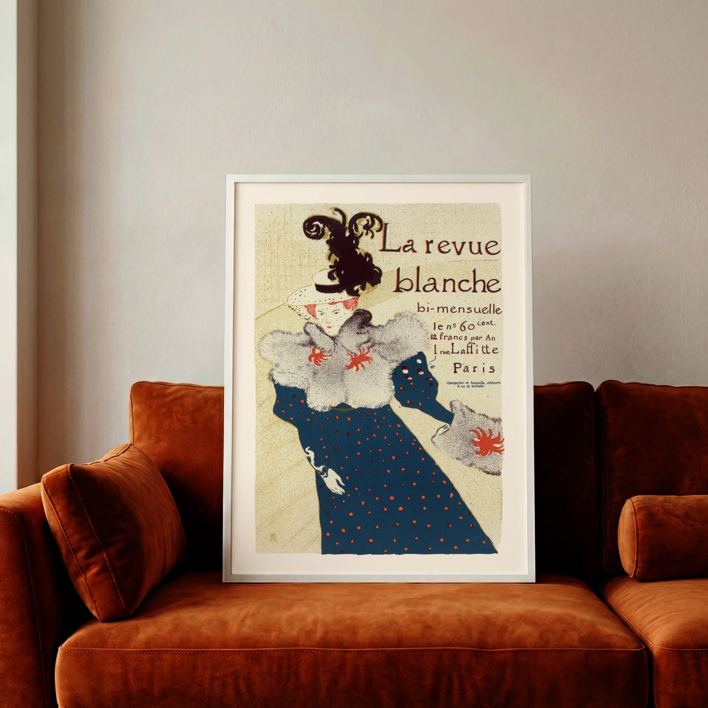 Französisches Belle Époque Plakat für eine Literaturzeitschrift in Blau und Gelbtönen.