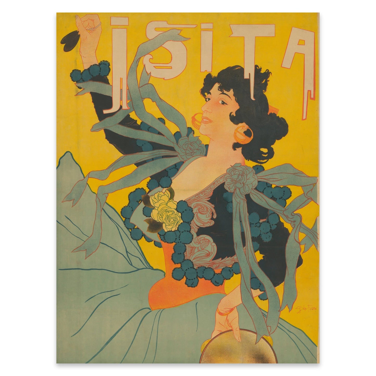 Detail eines Vintage Varieté Posters mit Fokus auf Jugendstil Typografie und Illustration.