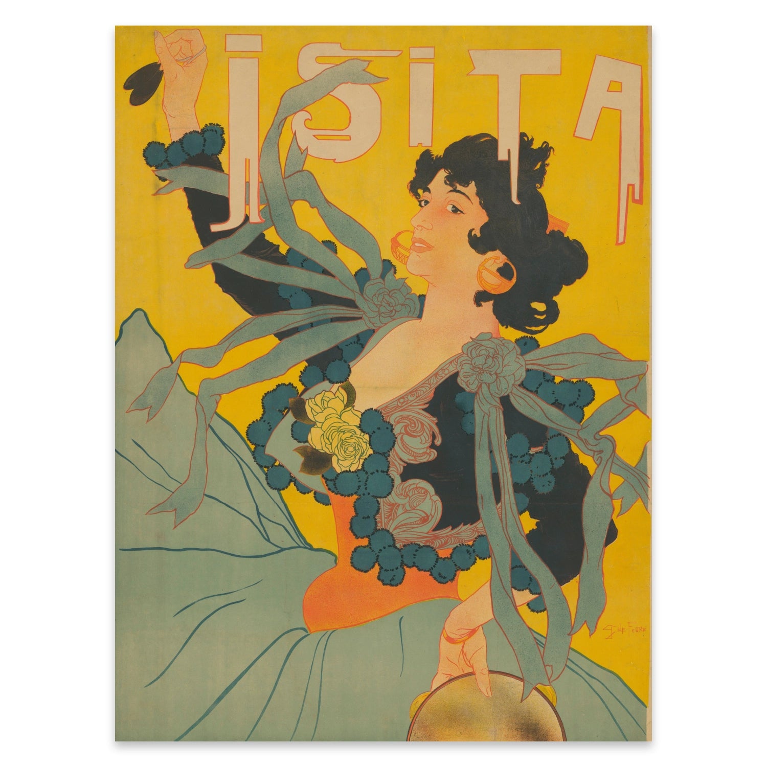 Detail eines Vintage Varieté Posters mit Fokus auf Jugendstil Typografie und Illustration.