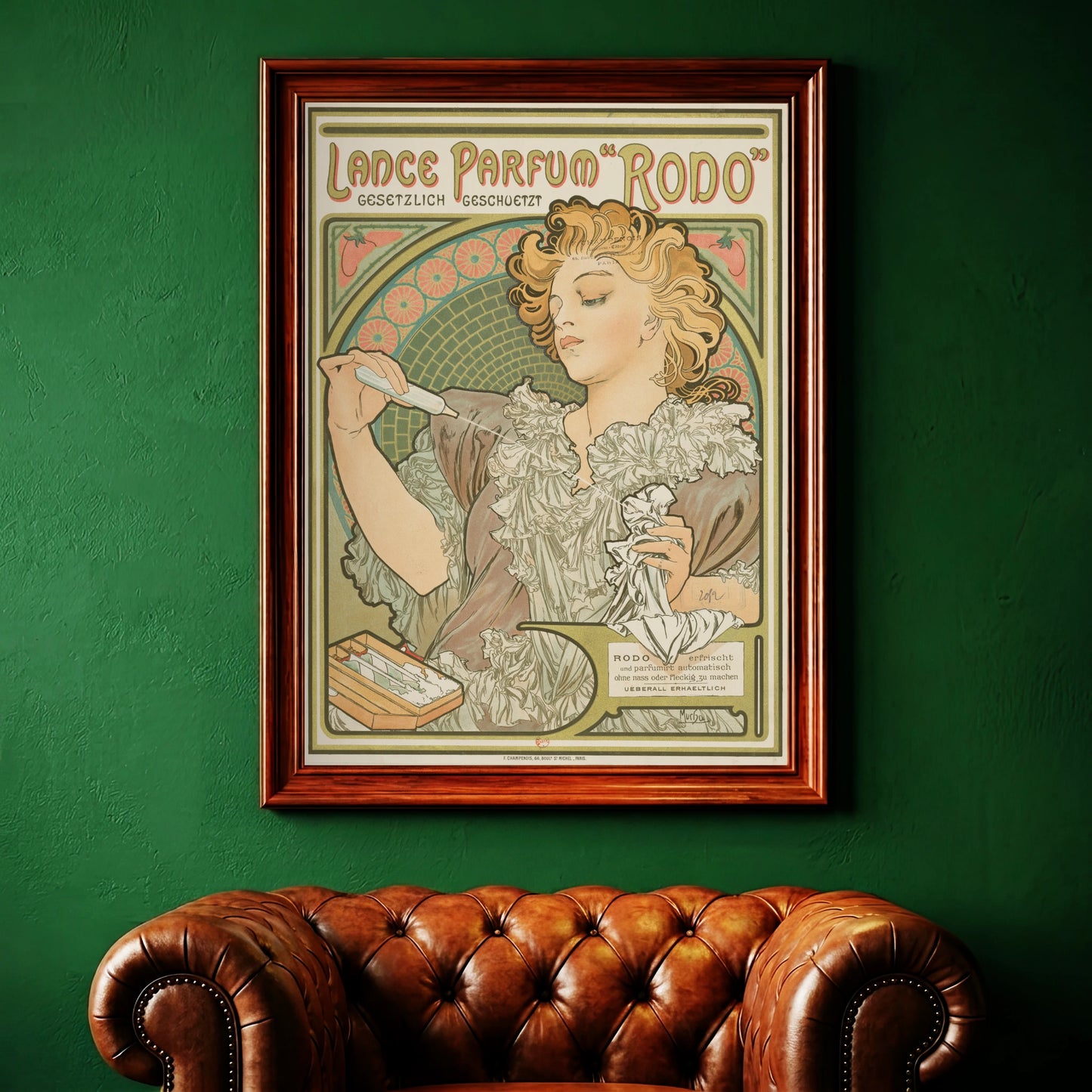 Detailreiche Jugendstil-Grafik mit floralen Mustern und eleganter Typografie.