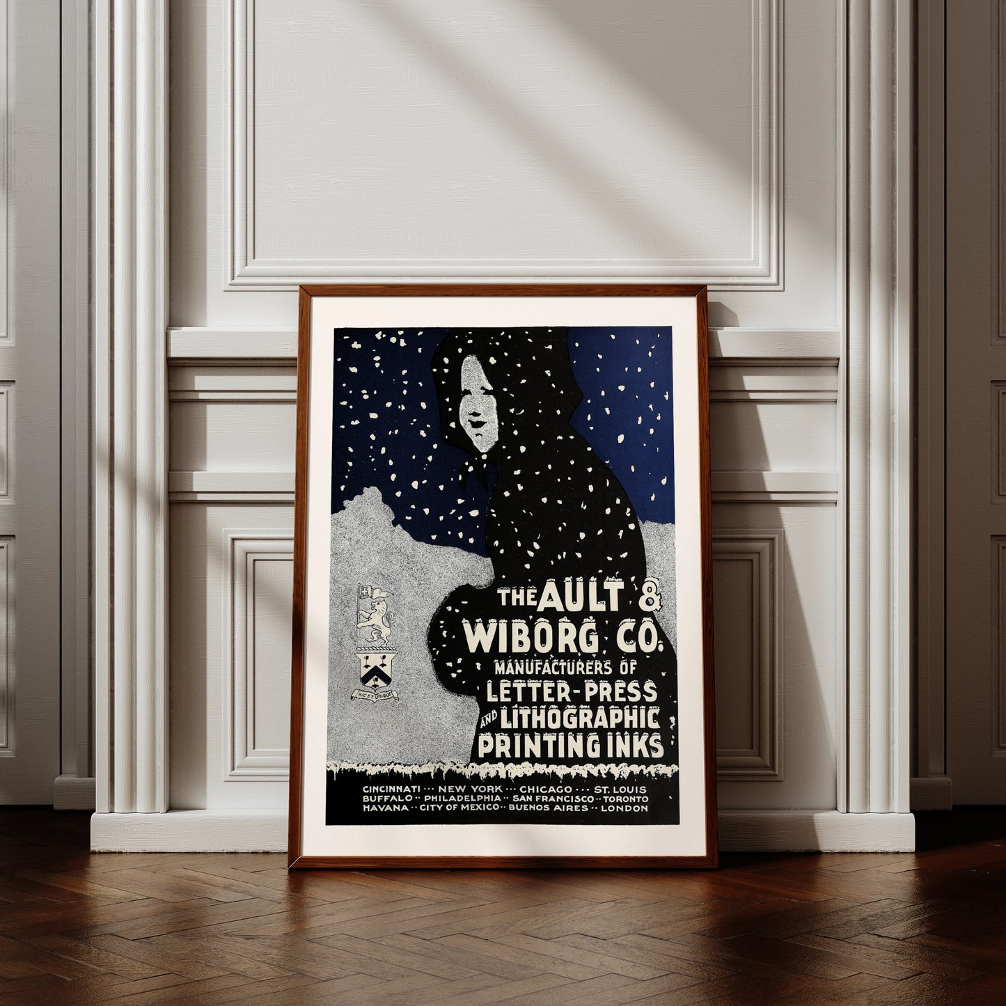 Vintgae Poster der Ault & Wiborg Co. für Druckfarben mit winterlichem Motiv.