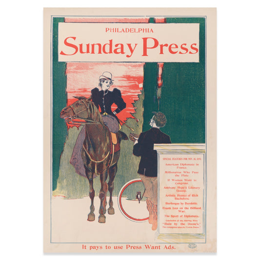 Retro-Druck einer Zeitungsbeilage von 1895 mit literarischen Ankündigungen und grafischen Elementen.