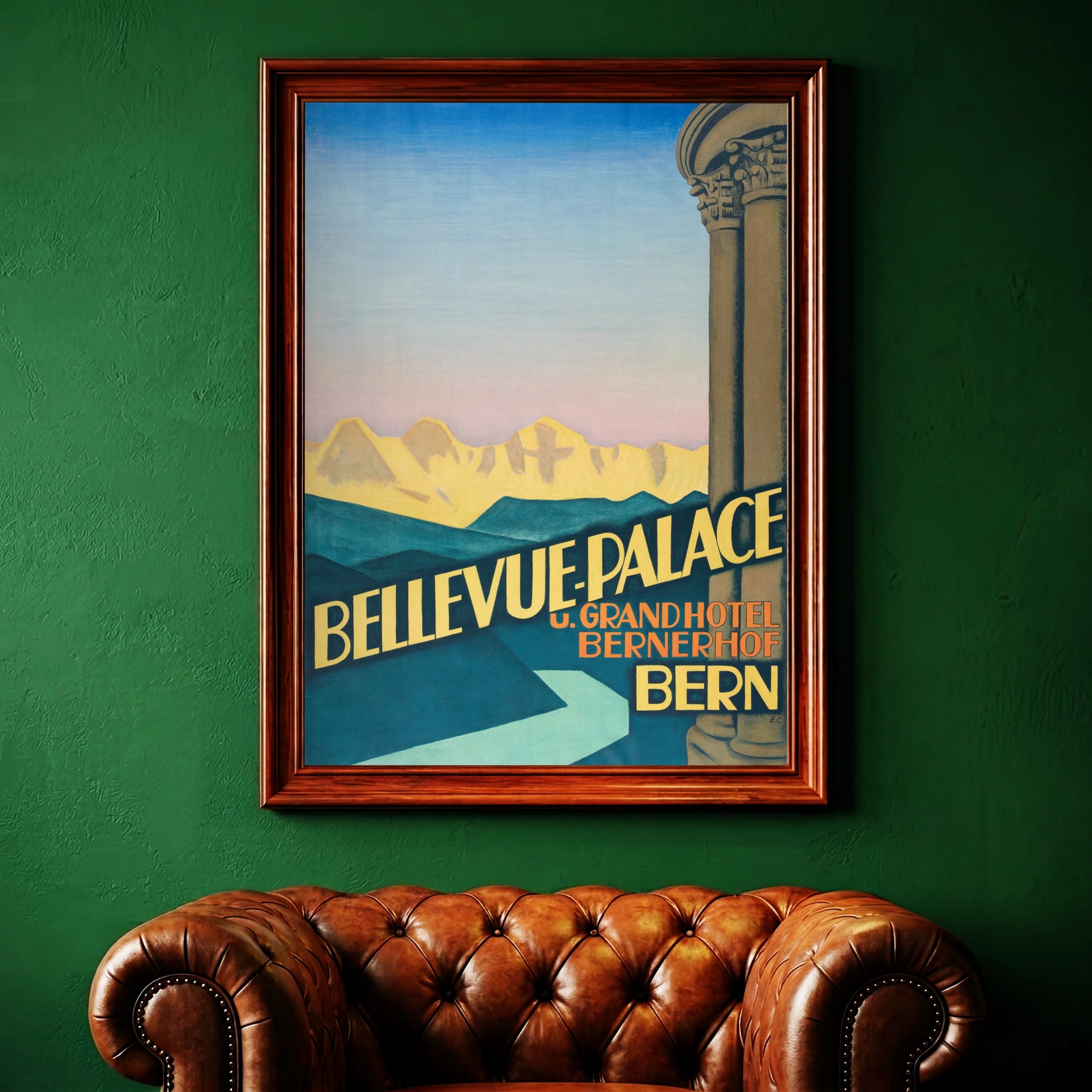 Vintage Reiseplakat vom Bellevue Palace in Bern mit Blick auf die Alpen von 1934.