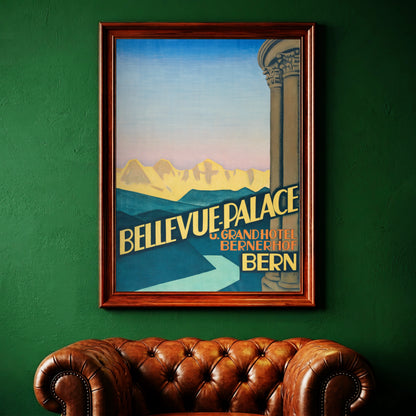 Vintage Reiseplakat vom Bellevue Palace in Bern mit Blick auf die Alpen von 1934.