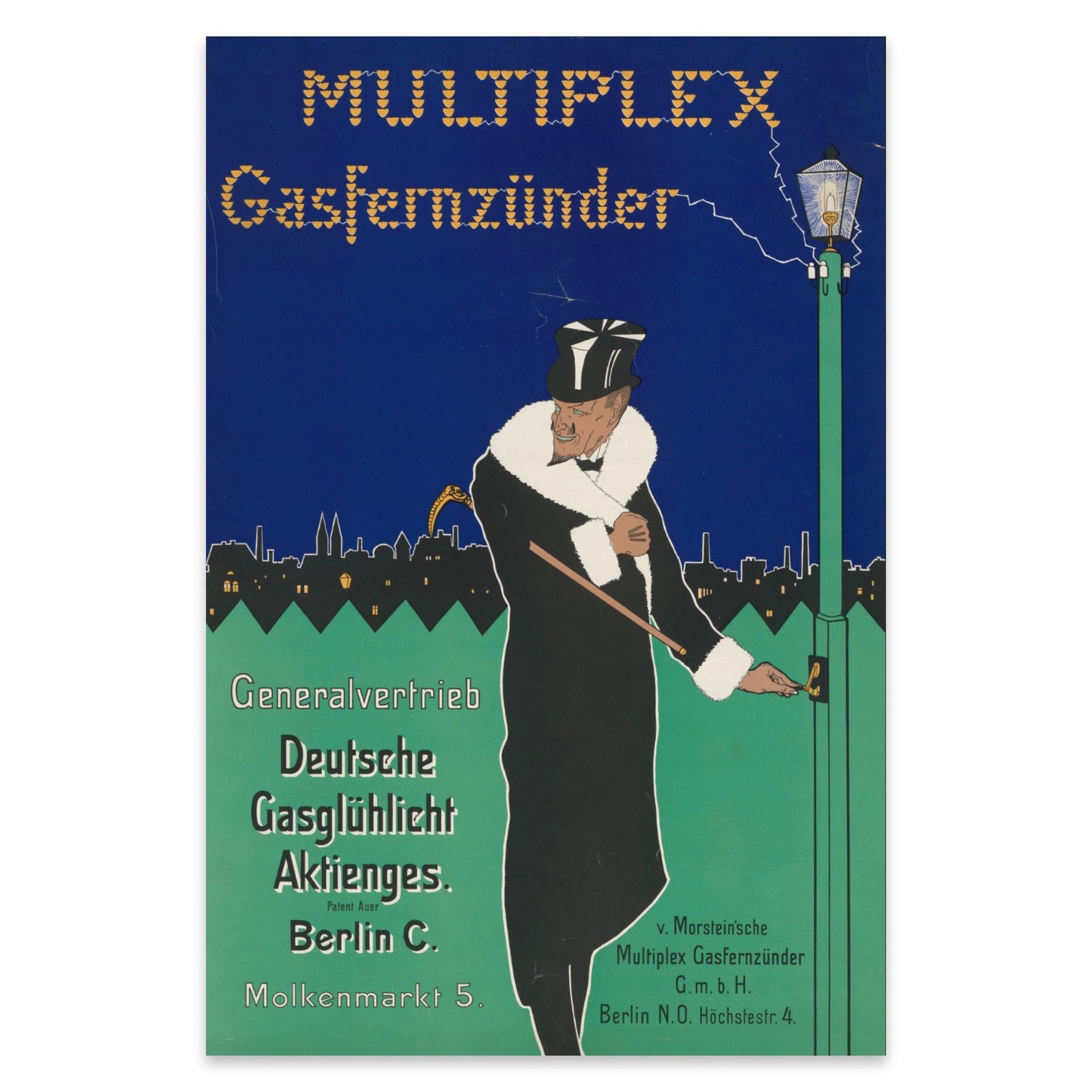 Kunstdruck Fritz Rehm Gasfernzünder im Hochformat mit blauem und grünem Hintergrund.