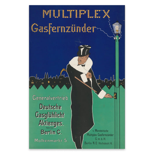Kunstdruck Fritz Rehm Gasfernzünder im Hochformat mit blauem und grünem Hintergrund.