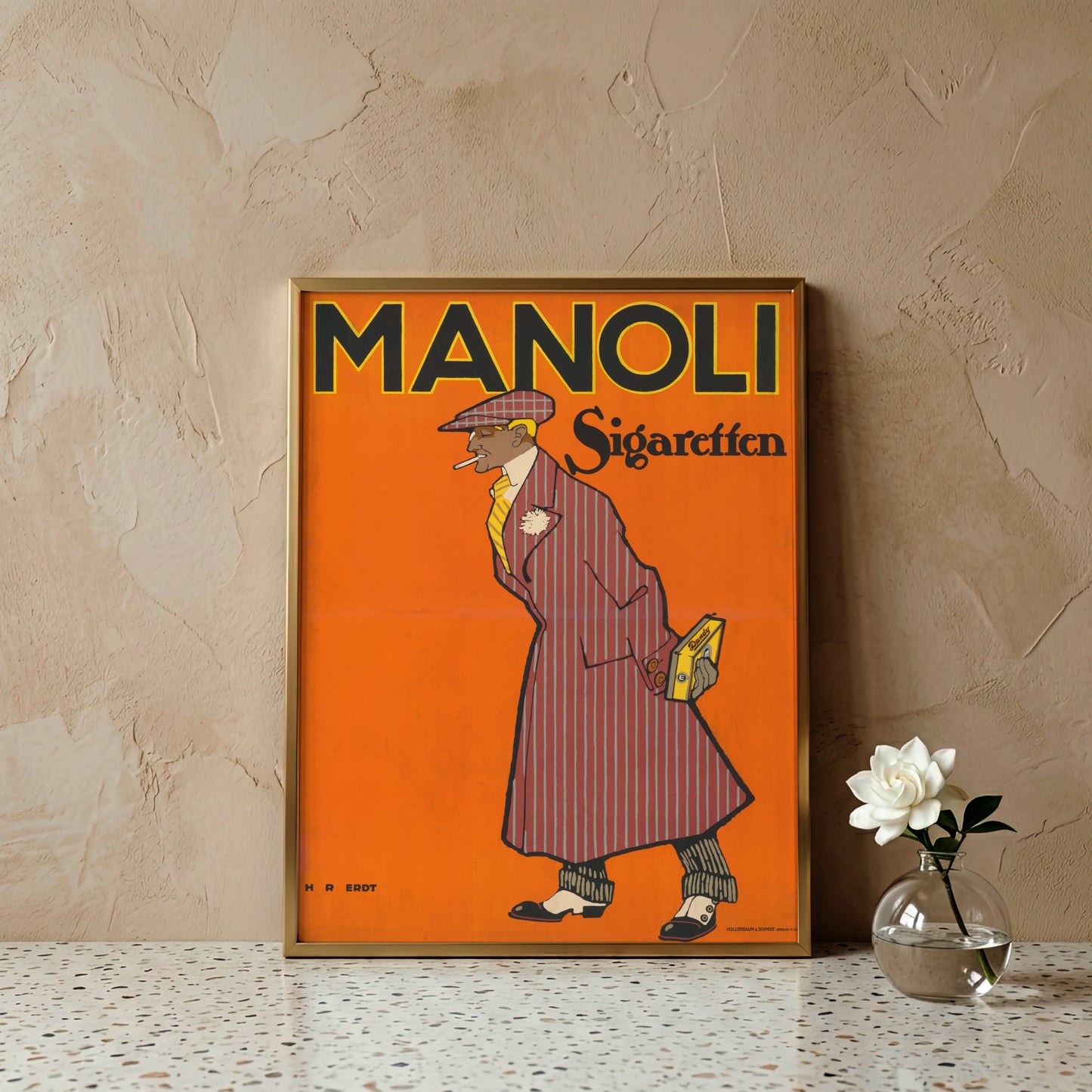 Vintage Werbeplakat von Hans Rudi Erdt mit orangem Hintergrund.