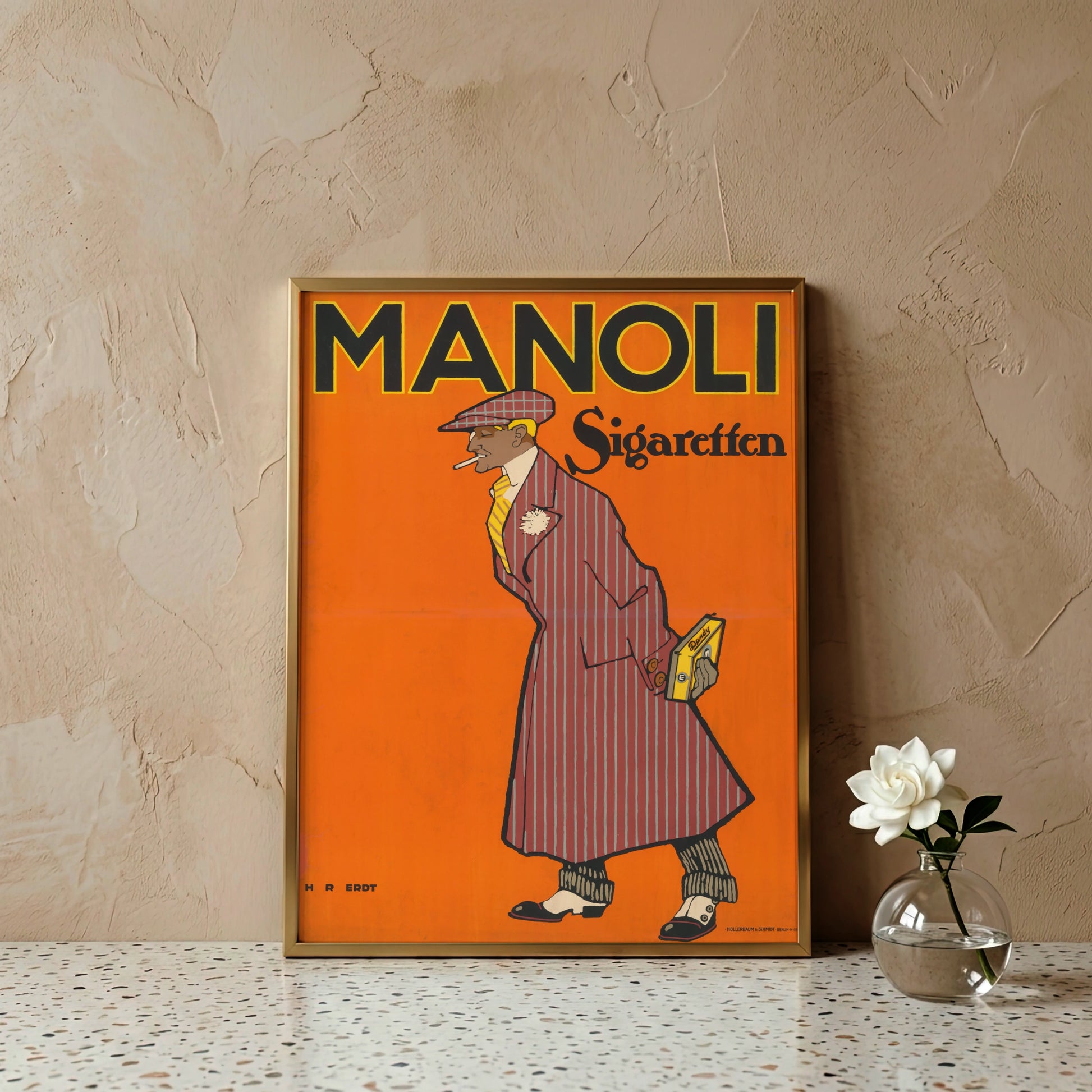 Vintage Werbeplakat von Hans Rudi Erdt mit orangem Hintergrund.