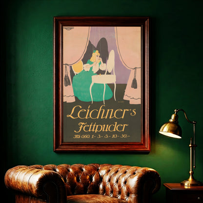 Detailreiche Jugendstil-Grafik einer Schminksituation am Frisiertisch.