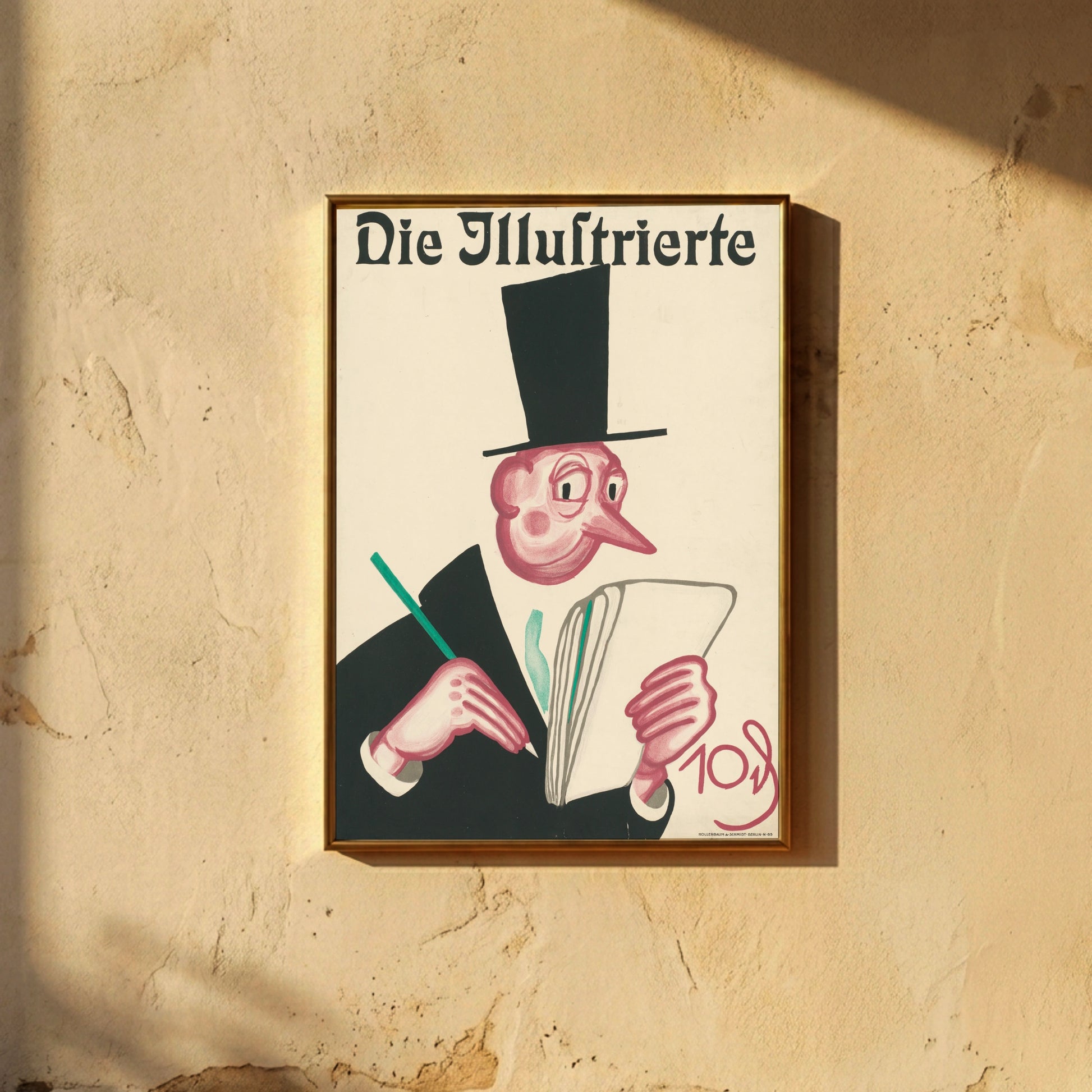 Karikatur eines Mannes mit Zylinder beim Zeitungslesen in Rosa und Schwarz.