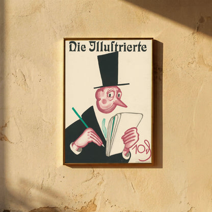 Karikatur eines Mannes mit Zylinder beim Zeitungslesen in Rosa und Schwarz.