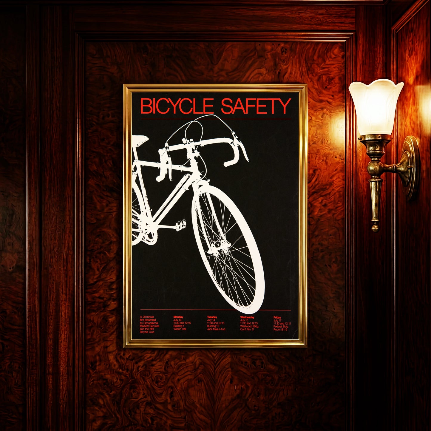 Vintage Poster Bicycle Safety mit weißer Rennrad Silhouette auf schwarzem Hintergrund.