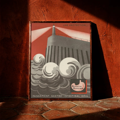 Vintage Werbeplakat Bismuth Desleaux mit Leuchtturm und hohen Wellen.