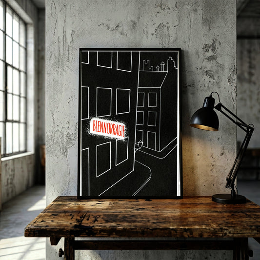 Minimalistisches französisches Plakat mit der Aufschrift Blennorragie in Rot auf schwarzem Haus.