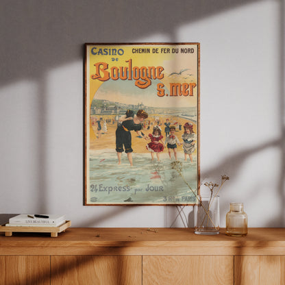 Vintage-Reiseplakat für Boulogne-sur-Mer aus dem Jahr 1900 von Henri Gray mit Badenden am Strand.