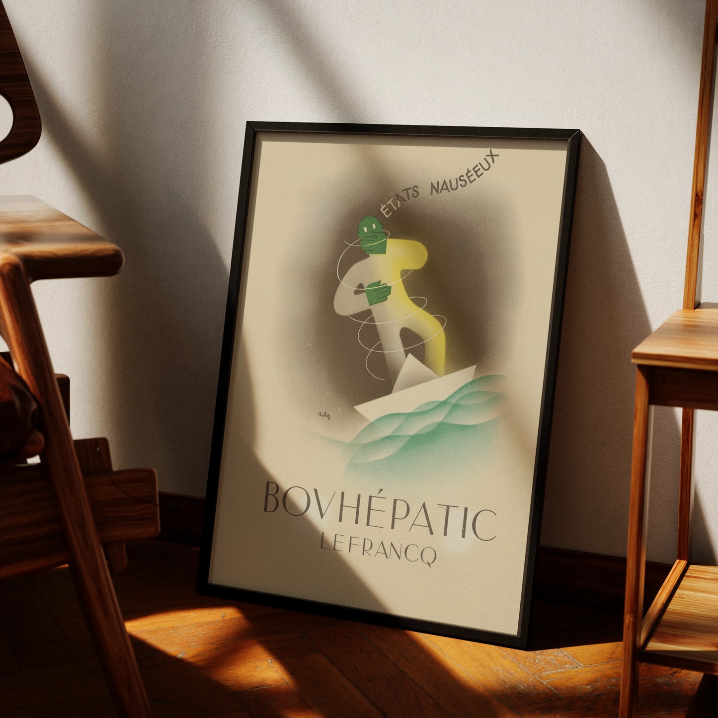 Vintage Werbeplakat Bovhépatic Lefrancq mit einer grünen Figur in einem Papierboot auf Wellen.