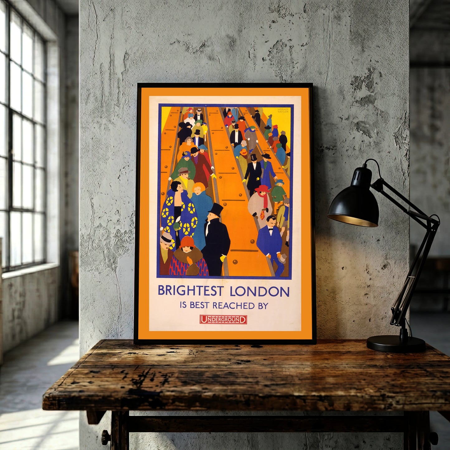 Buntes Vintage-Poster von 1924 zeigt Menschen auf einer Londoner Underground Rolltreppe.
