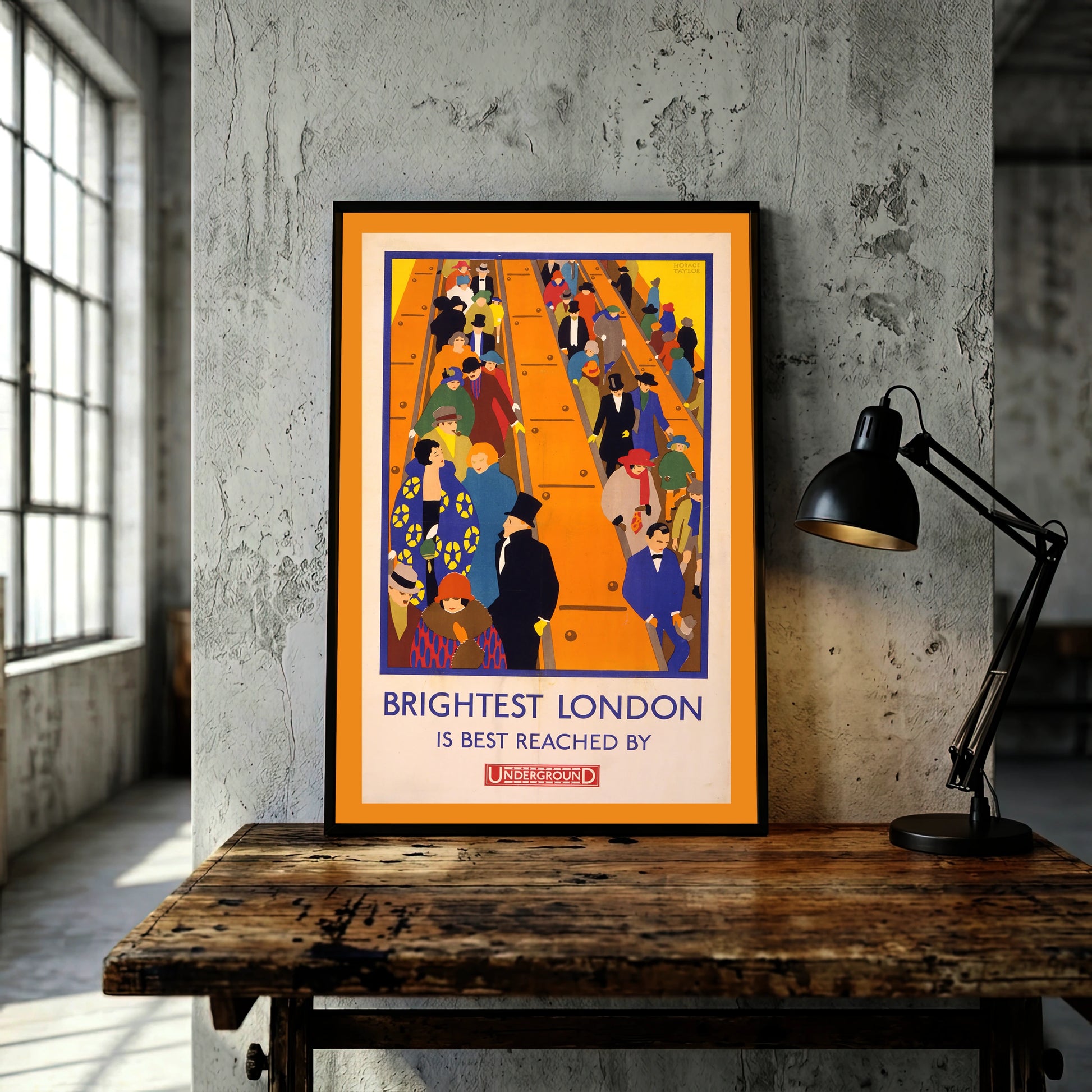 Buntes Vintage-Poster von 1924 zeigt Menschen auf einer Londoner Underground Rolltreppe.