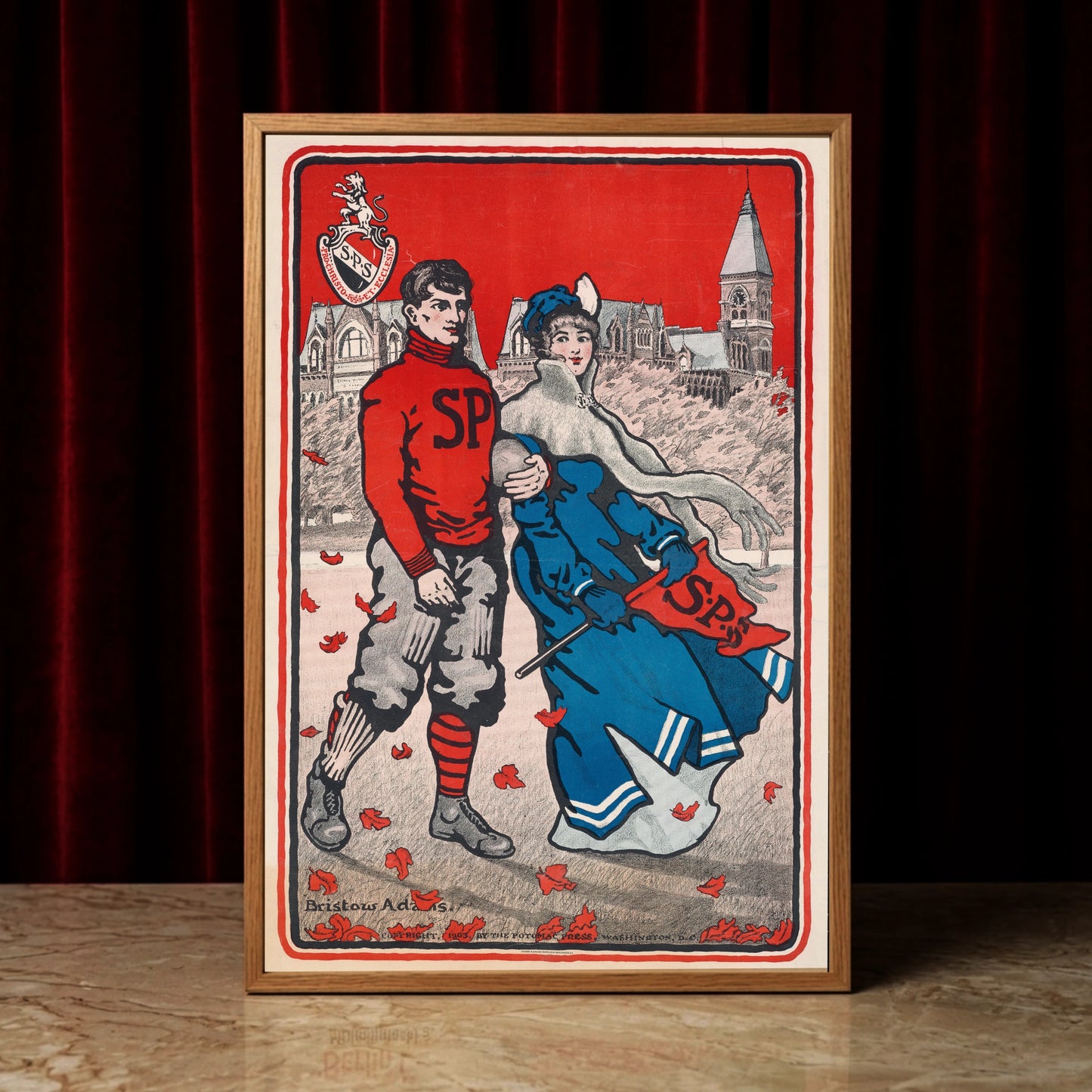 Bristow Adams Illustration eines College-Sportlers im roten Pullover.