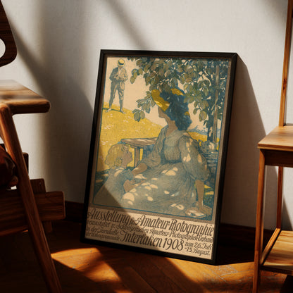 Vintage Ausstellungsplakat von Burkhard Mangold Interlaken 1908 mit Frau und Kind im Schatten.