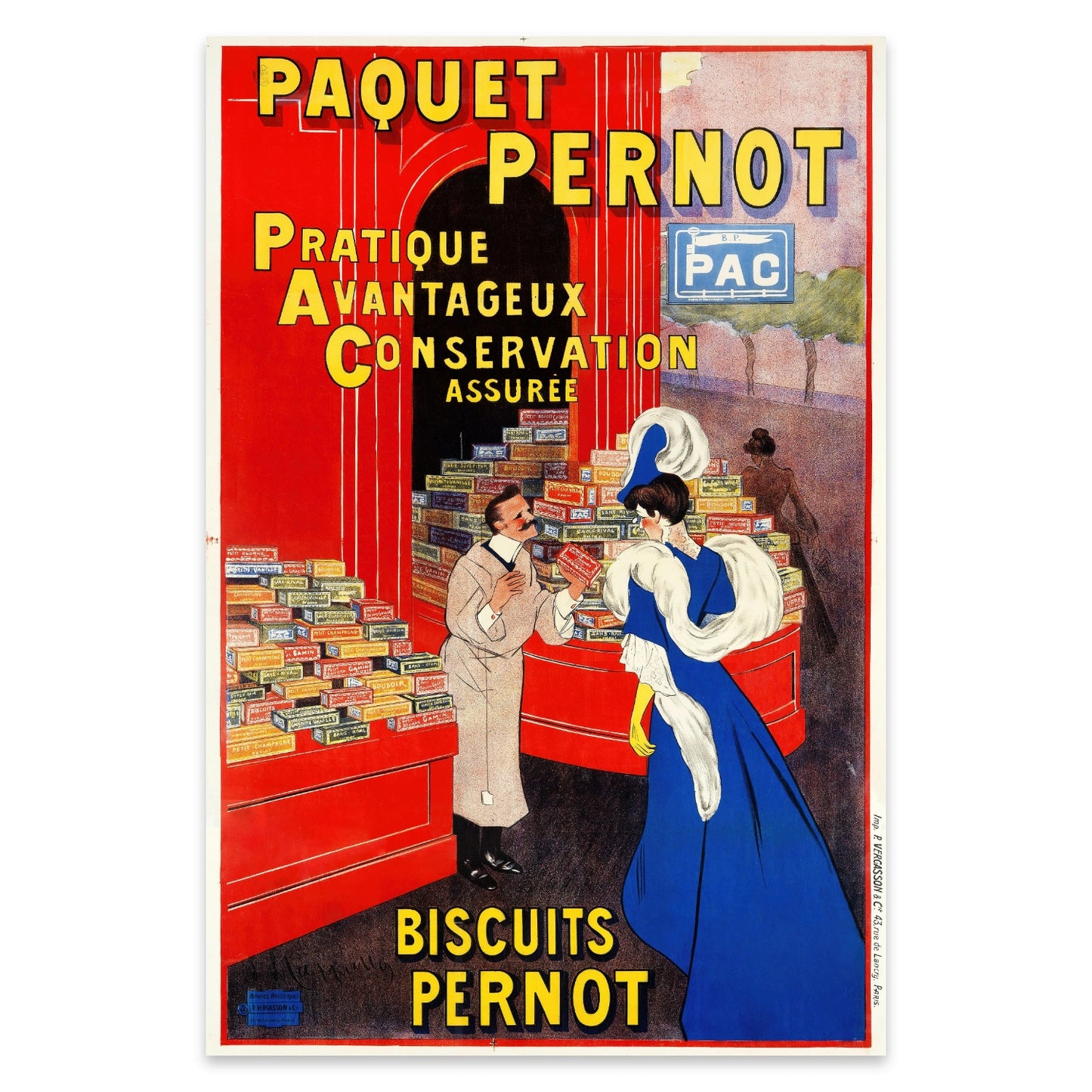 Klassisches französisches Vintage-Poster 'Paquet Pernot' mit Verkäufer und Kundin.