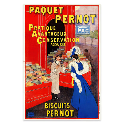 Klassisches französisches Vintage-Poster 'Paquet Pernot' mit Verkäufer und Kundin.