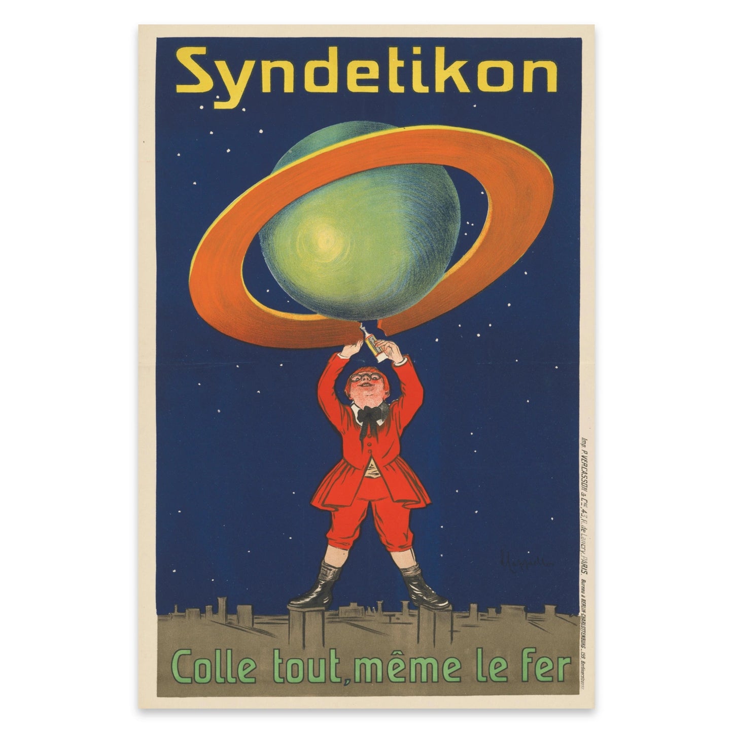 Syndetikon Alleskleber Vintage Kunstdruck in Blau, Gelb und energetischem Rot.