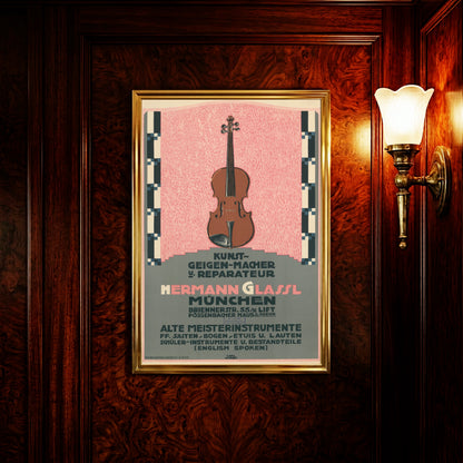 Vintage Poster einer Geige auf rosa Hintergrund von Carl Kunst 1912 für Geigenmacher Hermann Glassl.