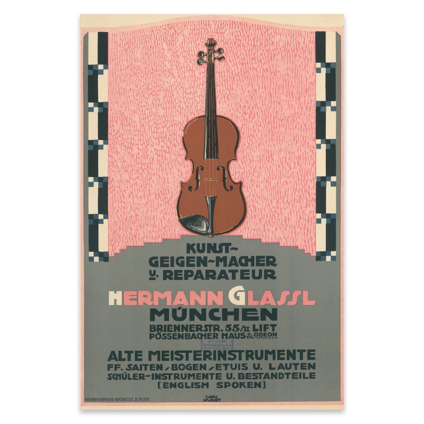 Werbedruck von Carl Kunst für alte Meisterinstrumente Hermann Glassl München.