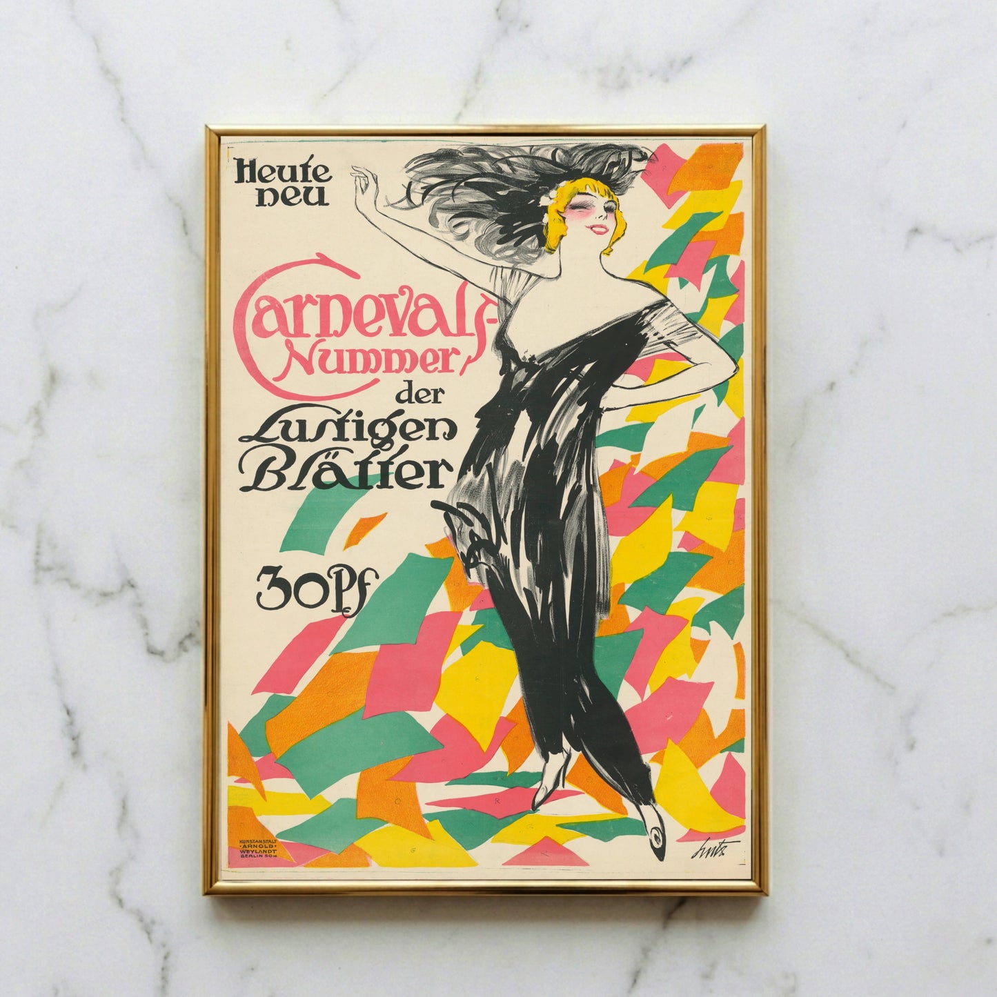 Vintage Karnevals-Poster von 1914 mit einer tanzenden Frau in schwarzem Kleid und buntem Konfetti.